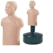 Plastic torso manikin with head, pale skin tone on dark green base