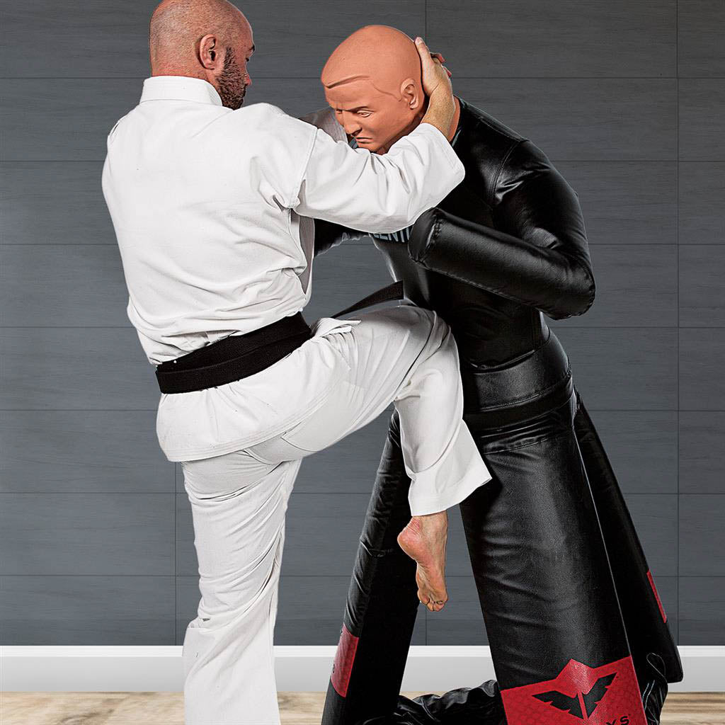Black protective martial arts jacket with long sleeves and red logo patch