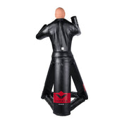 Black padded punching dummy suit with back openings and red logo patch