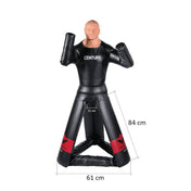Black inflatable boxing training dummy with raised gloves and red Century logo