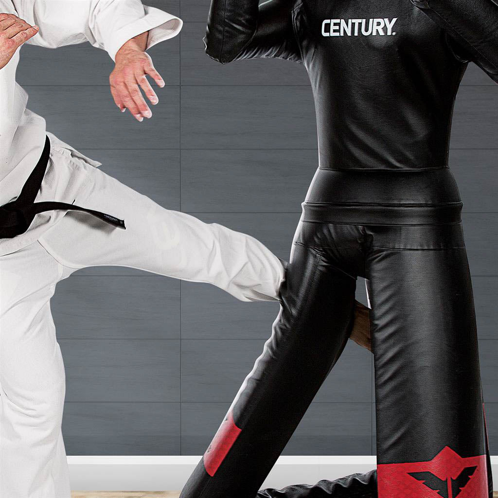 Black and red padded boxing shorts with Century logo
