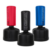 Wavemaster freestanding punch bag set with red and blue cylindrical bags on black bases