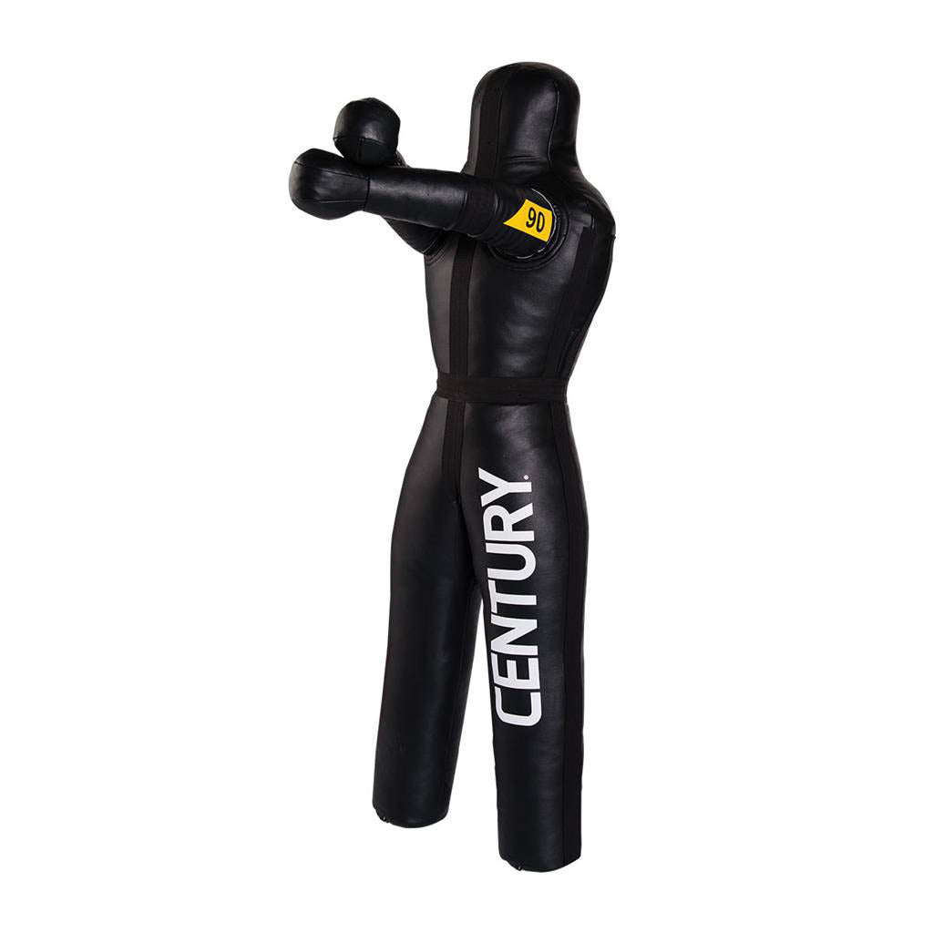 Black Century grappling dummy with raised arms, yellow 90 lb patch, and CENTURY lettering