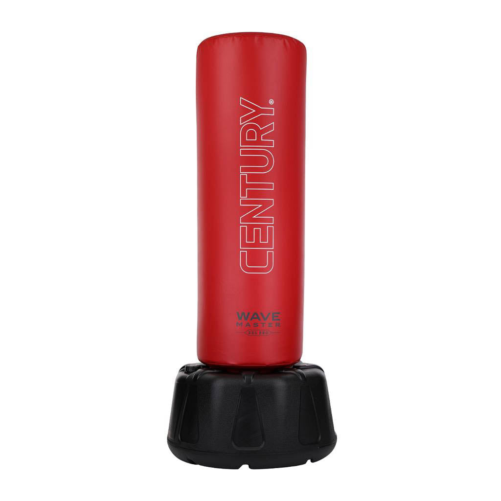 Red Century punching bag with vertical Century logo and black impact base