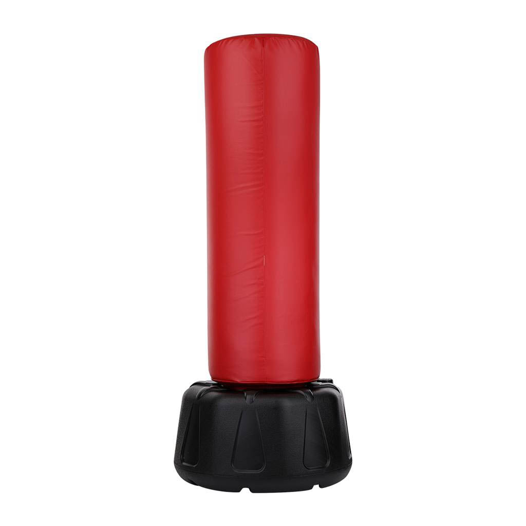 Red cylindrical punching bag with black impact base, studio view