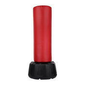 Red cylindrical punching bag with black impact base, studio view