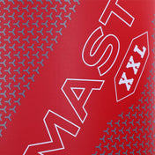 Red inflatable bag fabric with white text graphics and dotted pattern