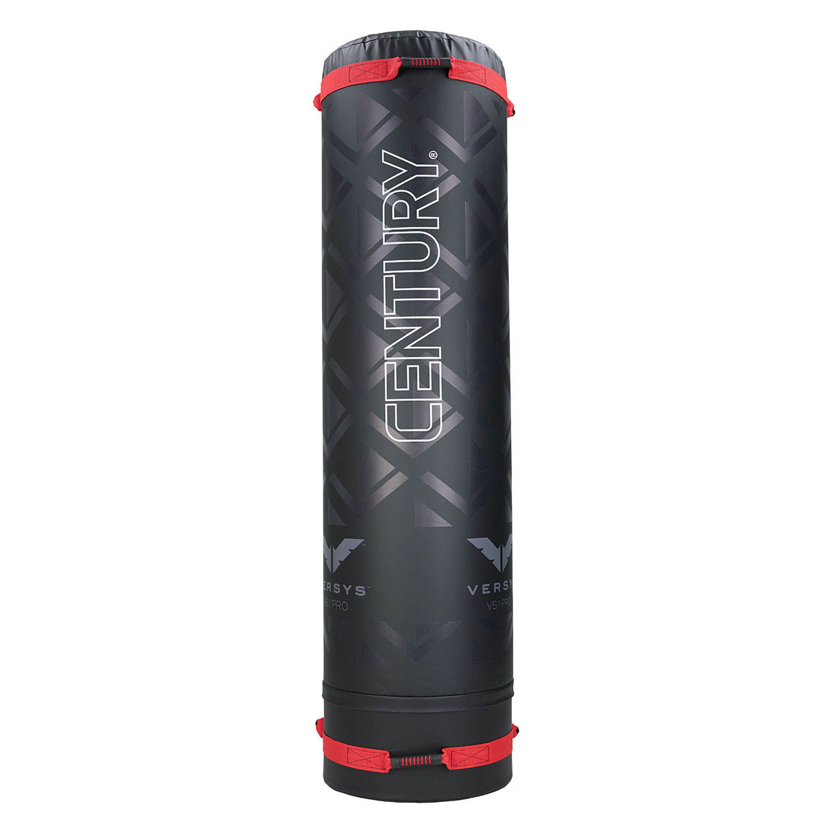 Freestanding boxing training bag, black with red straps and geometric accents