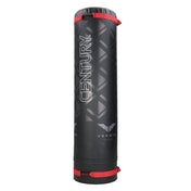 Black boxing training bag with red top and bottom straps, Century logo