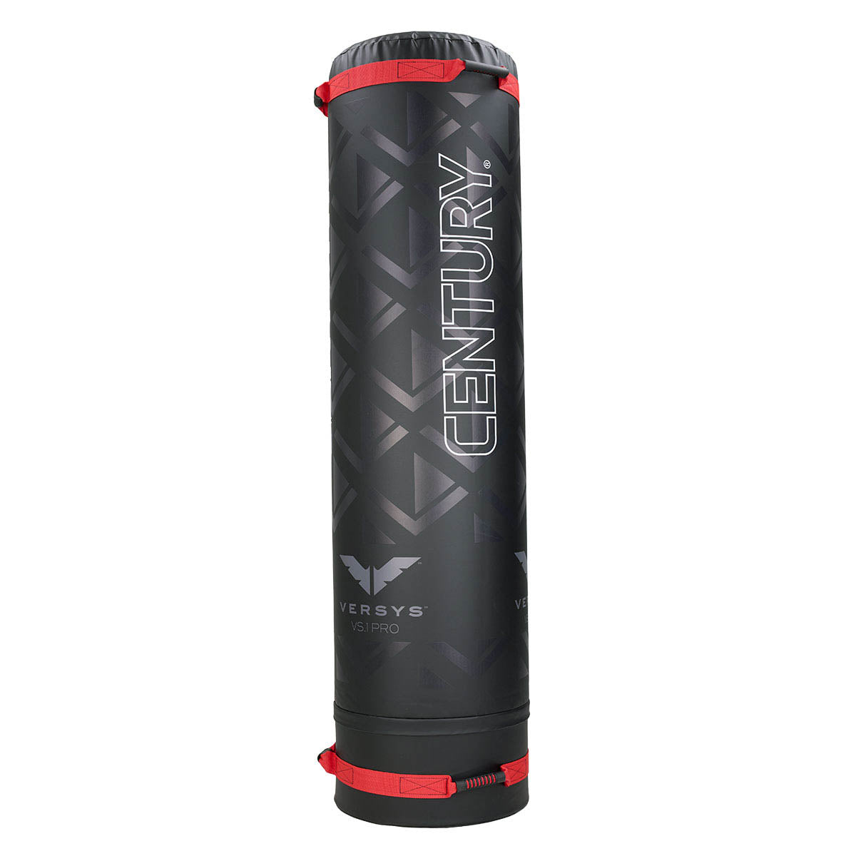 Black punching bag with red strap bands and Century logo on side