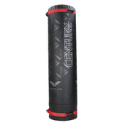 Black punching bag with red strap bands and Century logo on side