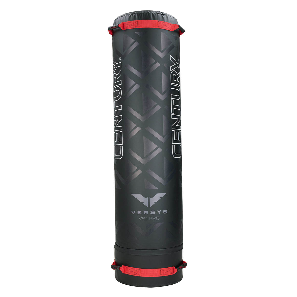 Black freestanding punching bag with red straps and Century vertical branding