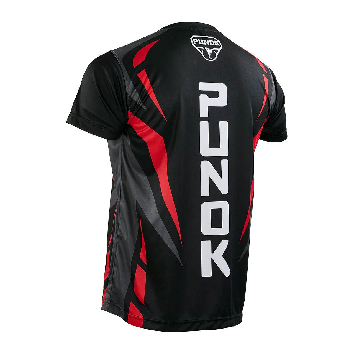 Black fighter training T-shirt with vertical PUNOK text on back and red accents
