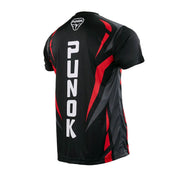 Black fighter training T-shirt with vertical PUNOK text on back and red side stripes
