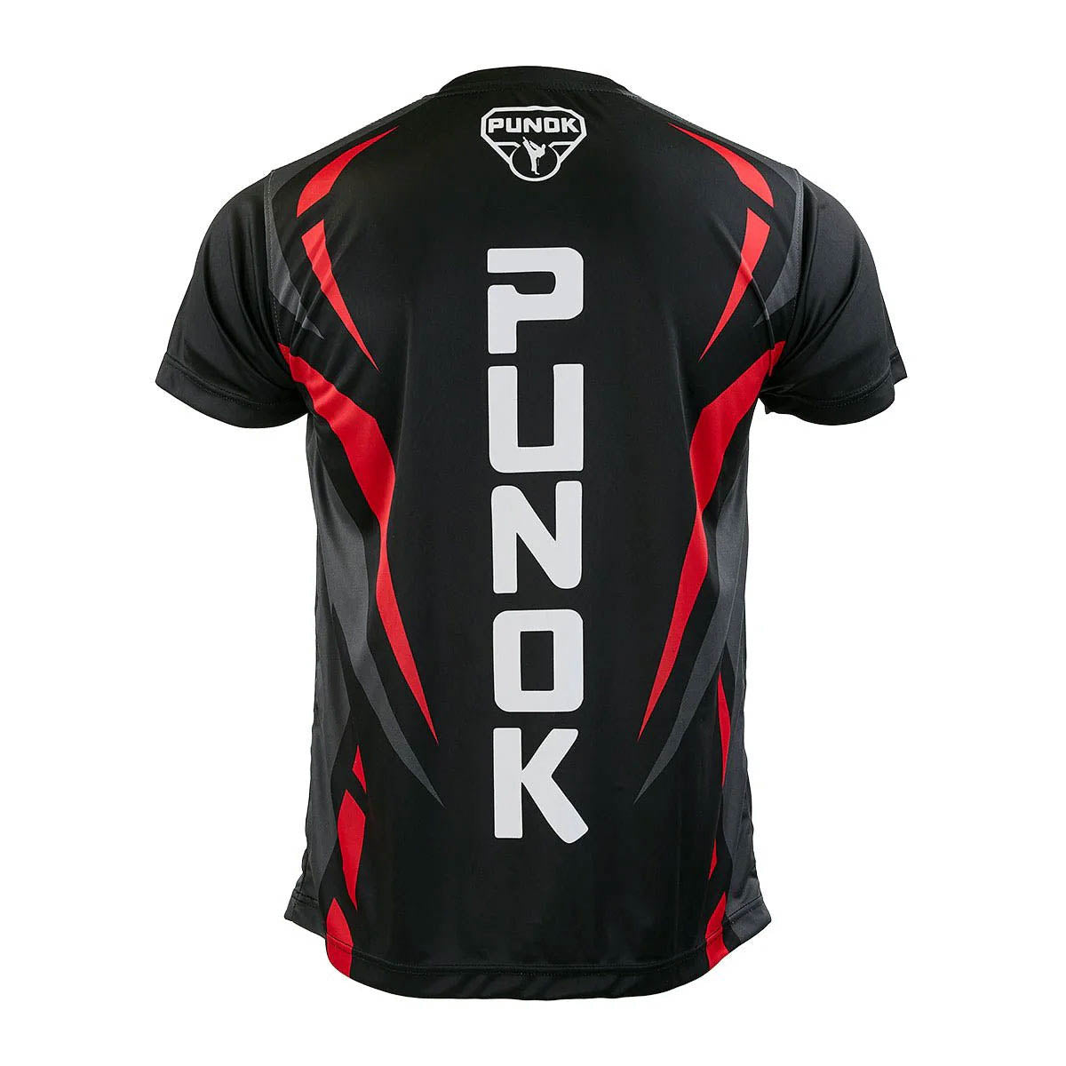 Black fighter training T-shirt back view with PUNOK vertical lettering and red graphics