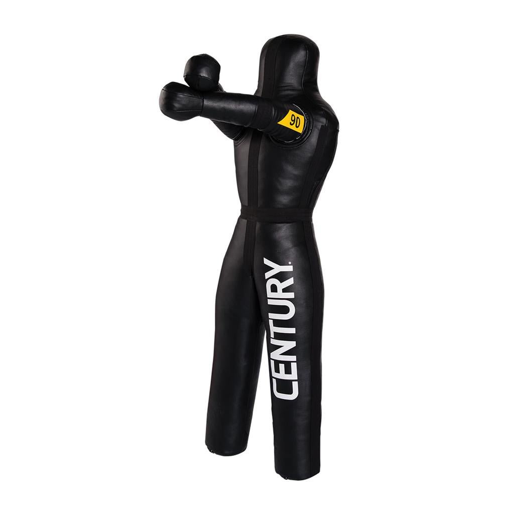 Black Century grappling dummy with raised arms, yellow 90 lb label, and vertical CENTURY text