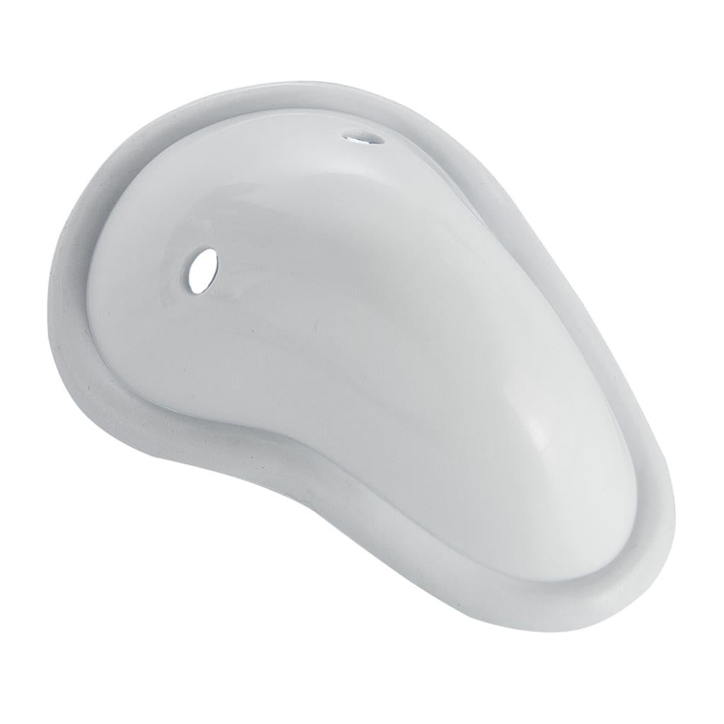 Light gray molded athletic cup, rounded shell with small side opening