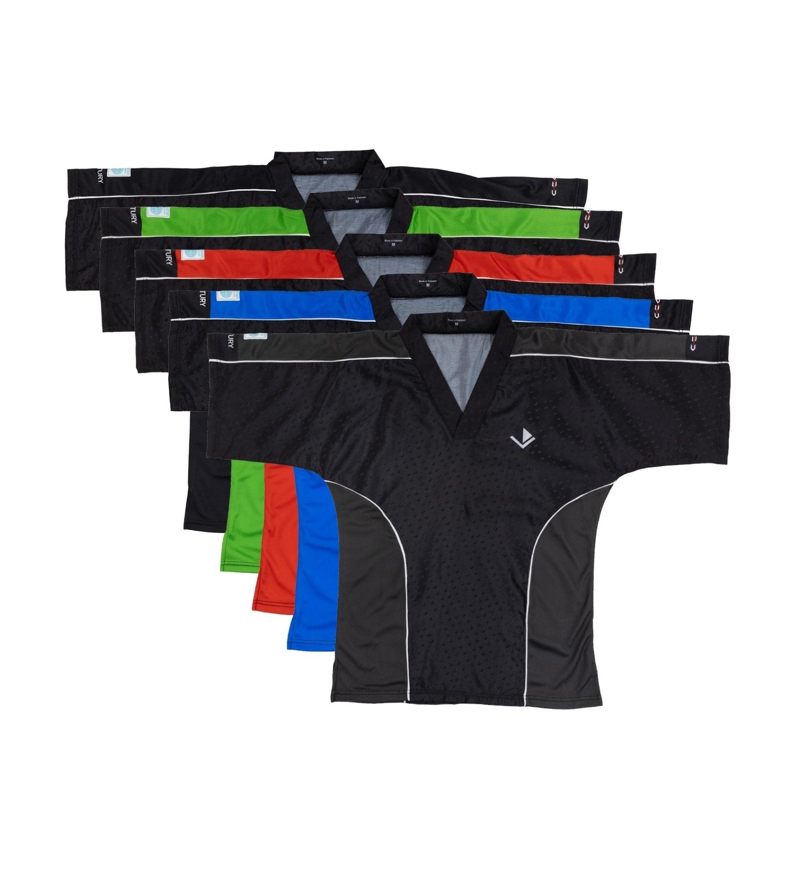 Assorted black sports tops with green, red, and blue panels, V-neck styles