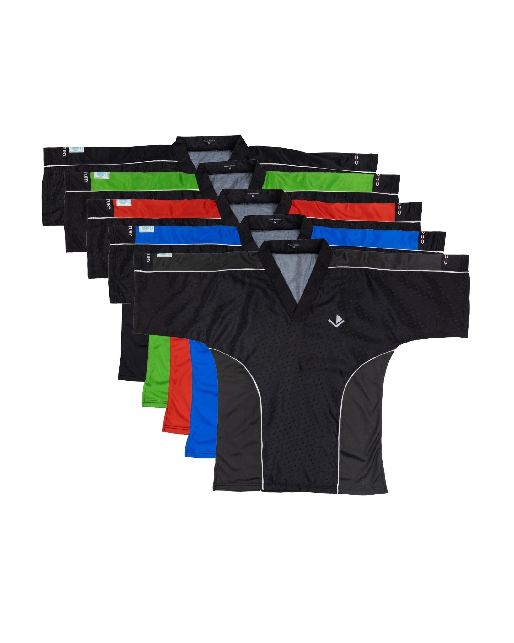 Assorted black sports tops with green, red, and blue panels, V-neck styles