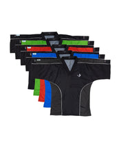 Assorted black sports tops with green, red, and blue panels, V-neck styles