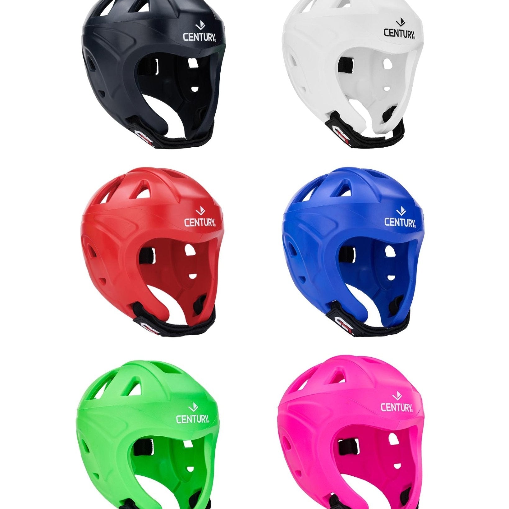 Assorted protective sports helmets in black, white, red, blue, green, and pink with CENTURY logos