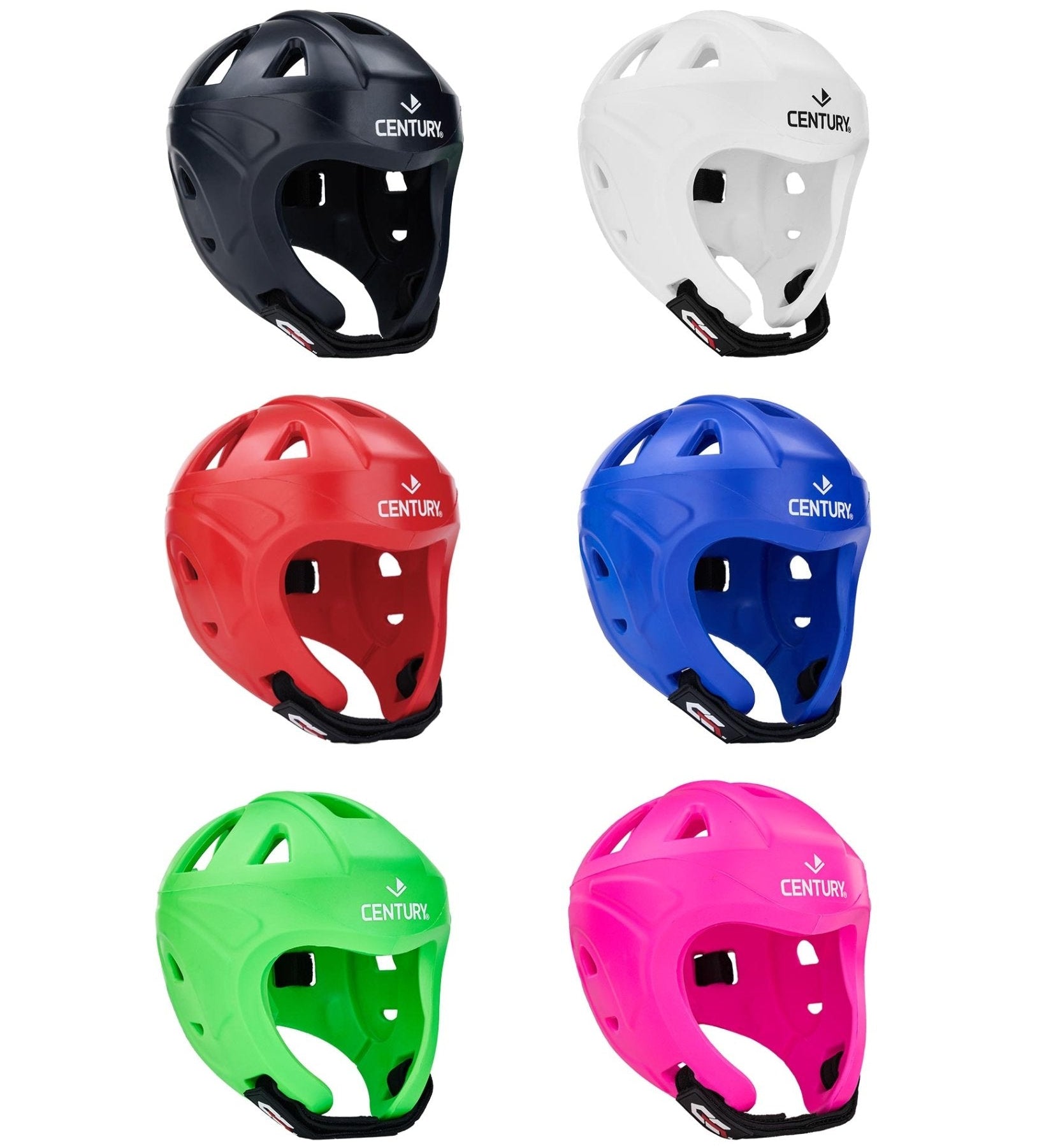 Assorted protective sports helmets in black, white, red, blue, green, and pink with CENTURY logos