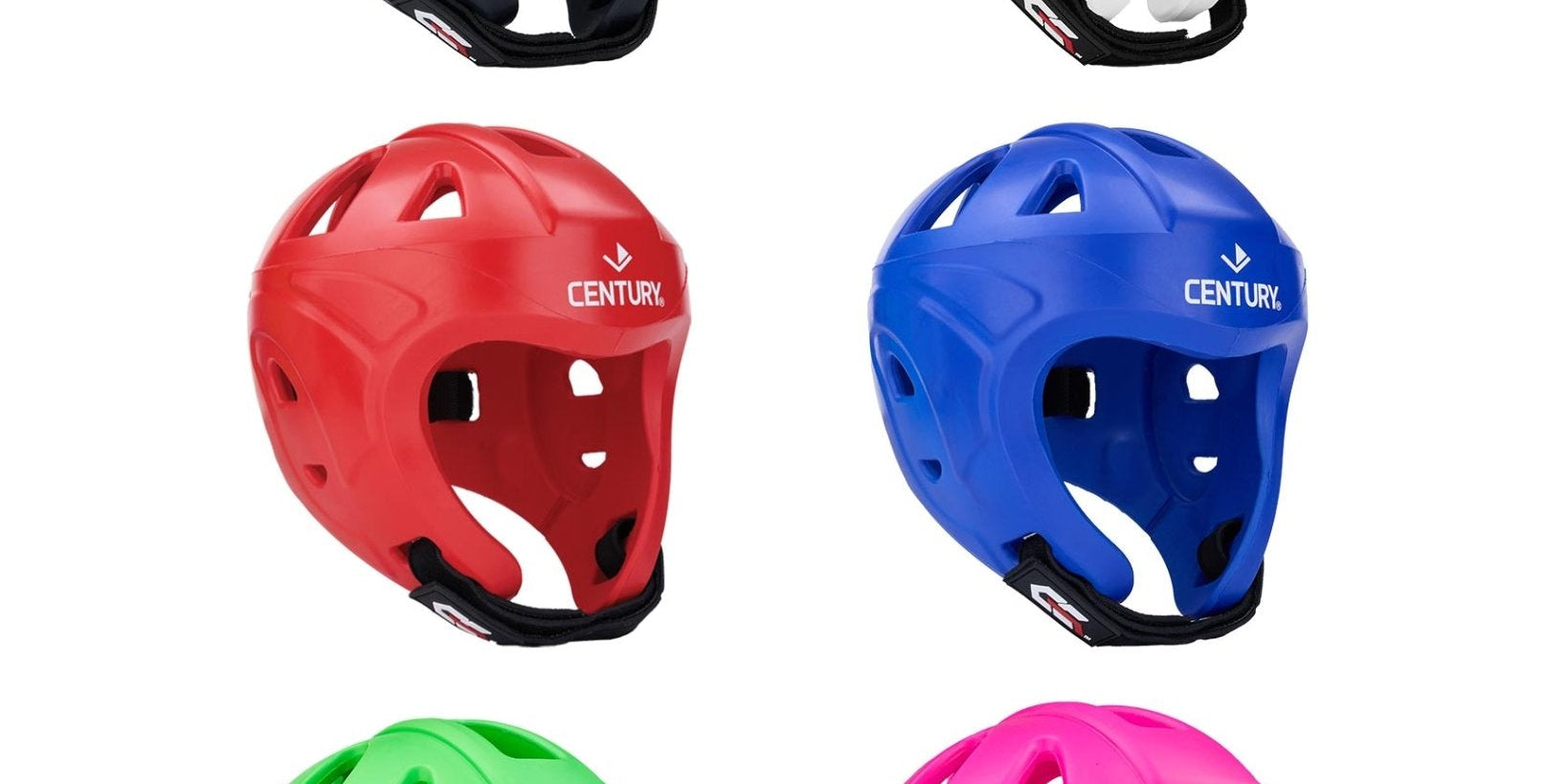 Assorted protective sports helmets in black, white, red, blue, green, and pink with CENTURY logos