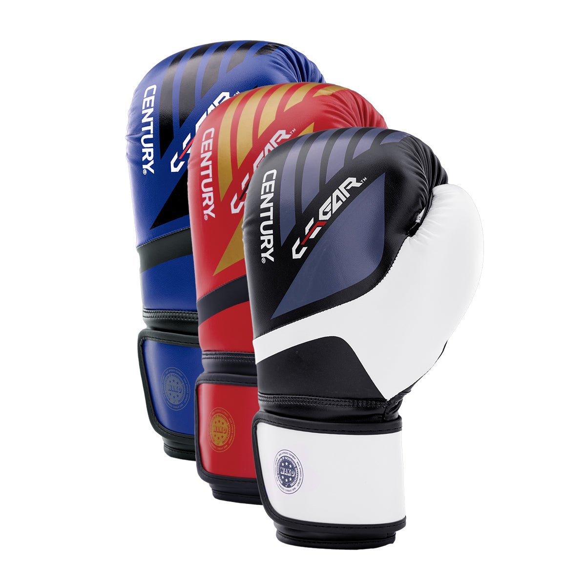 Kickboxing punching gloves, blue and red pairs with white cuffs and black palms