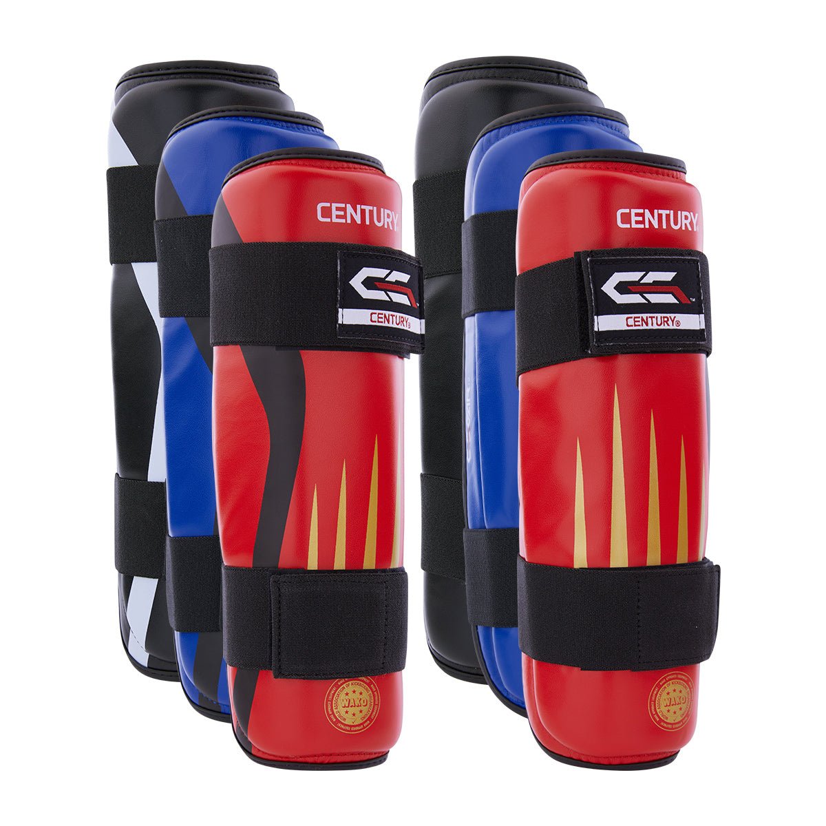 C Gear Integrity shin guards set, blue and black outer shells with red stripe panels.