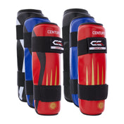 C Gear Integrity shin guards set, blue and black outer shells with red stripe panels.