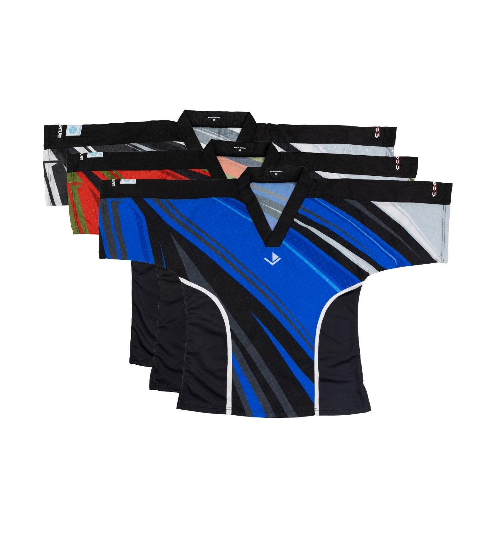 Assorted martial arts tops with V-neck collars; blue-and-black striped style visible