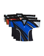 Assorted martial arts tops with V-neck collars; blue-and-black striped style visible