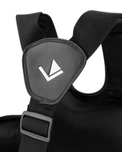 Black belly pad shoulder strap with triangular logo patch and padded fastening
