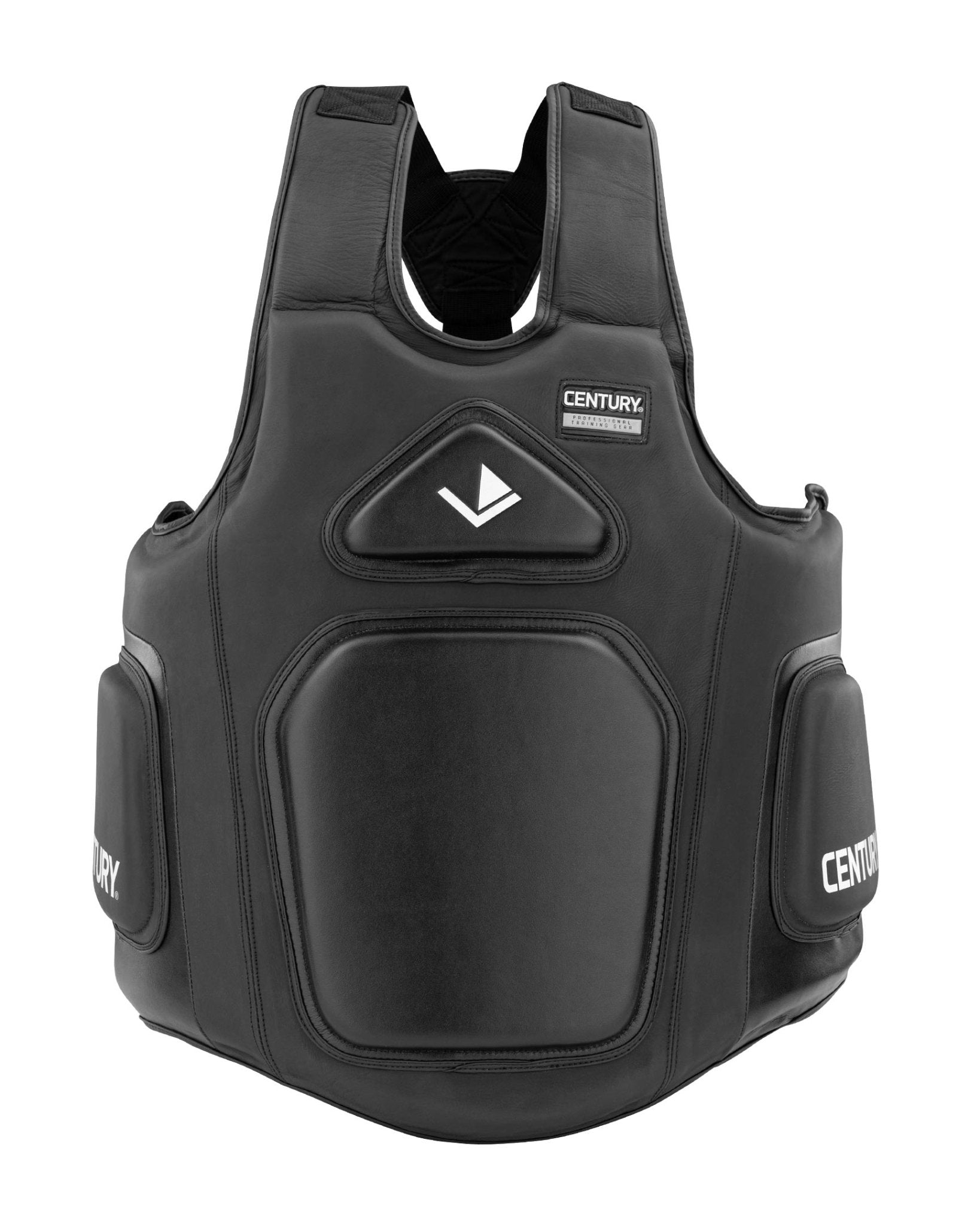 Black belly pad vest-style protector with front panel and central V logo