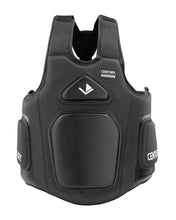Black belly pad vest-style protector with front panel and central V logo