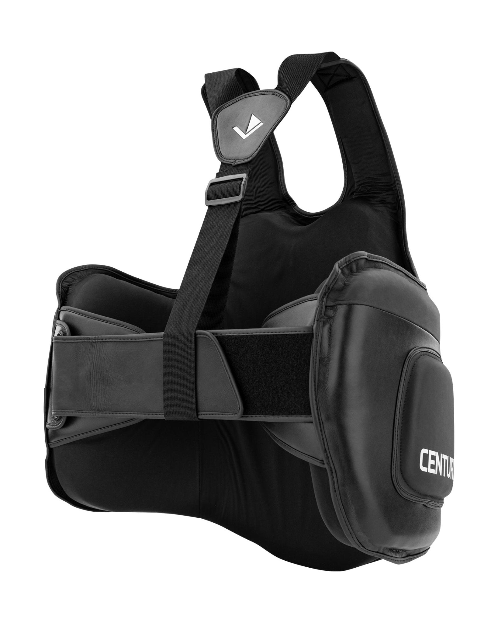 Black belly pad with chest strap, padded support, and logo shield at the front