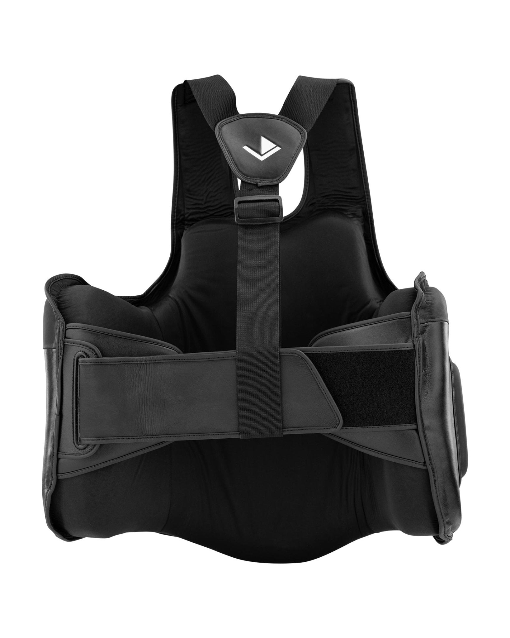 Black belly pad with adjustable front straps and central V logo on chest protector