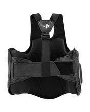 Black belly pad with adjustable front straps and central V logo on chest protector
