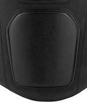 Black belly pad front pocket-style panel with rounded corners and stitched border