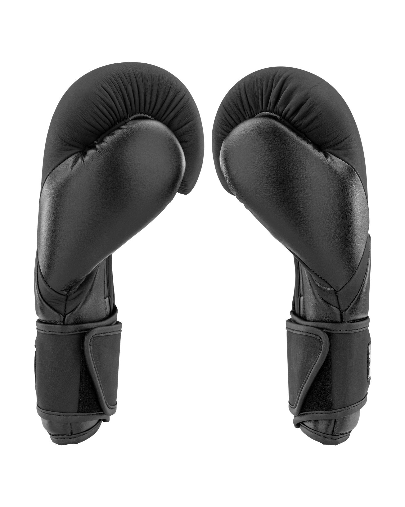 Black boxing gloves with curved back padding and contoured outer knuckle panels