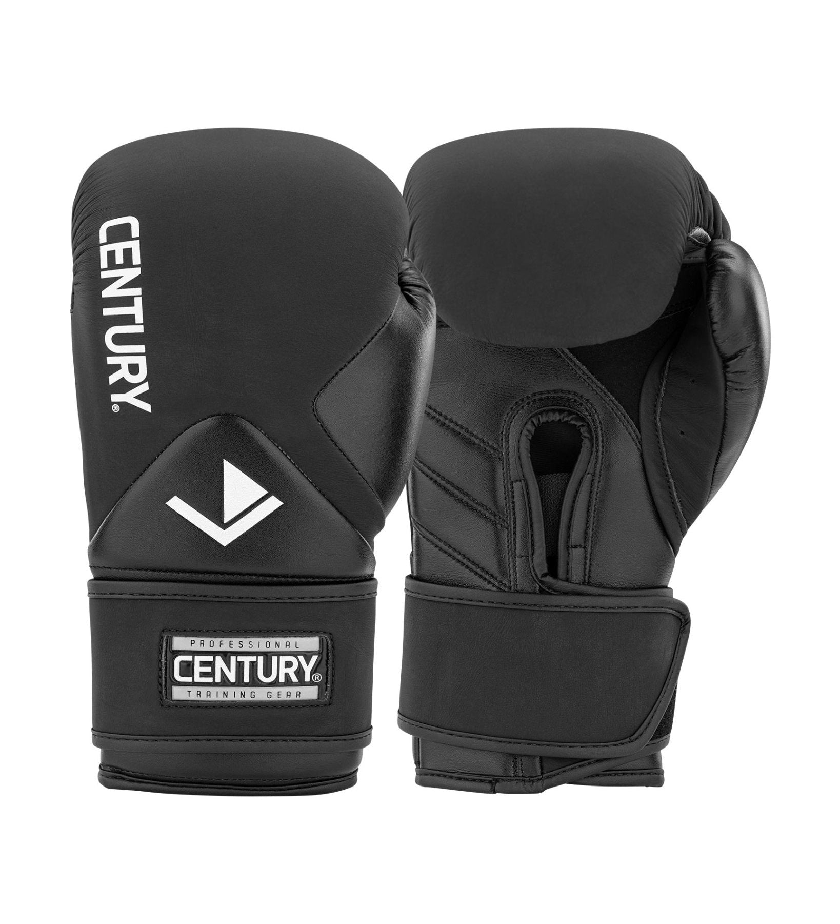 Black boxing gloves facing forward with Century label and hook-and-loop wrist strap