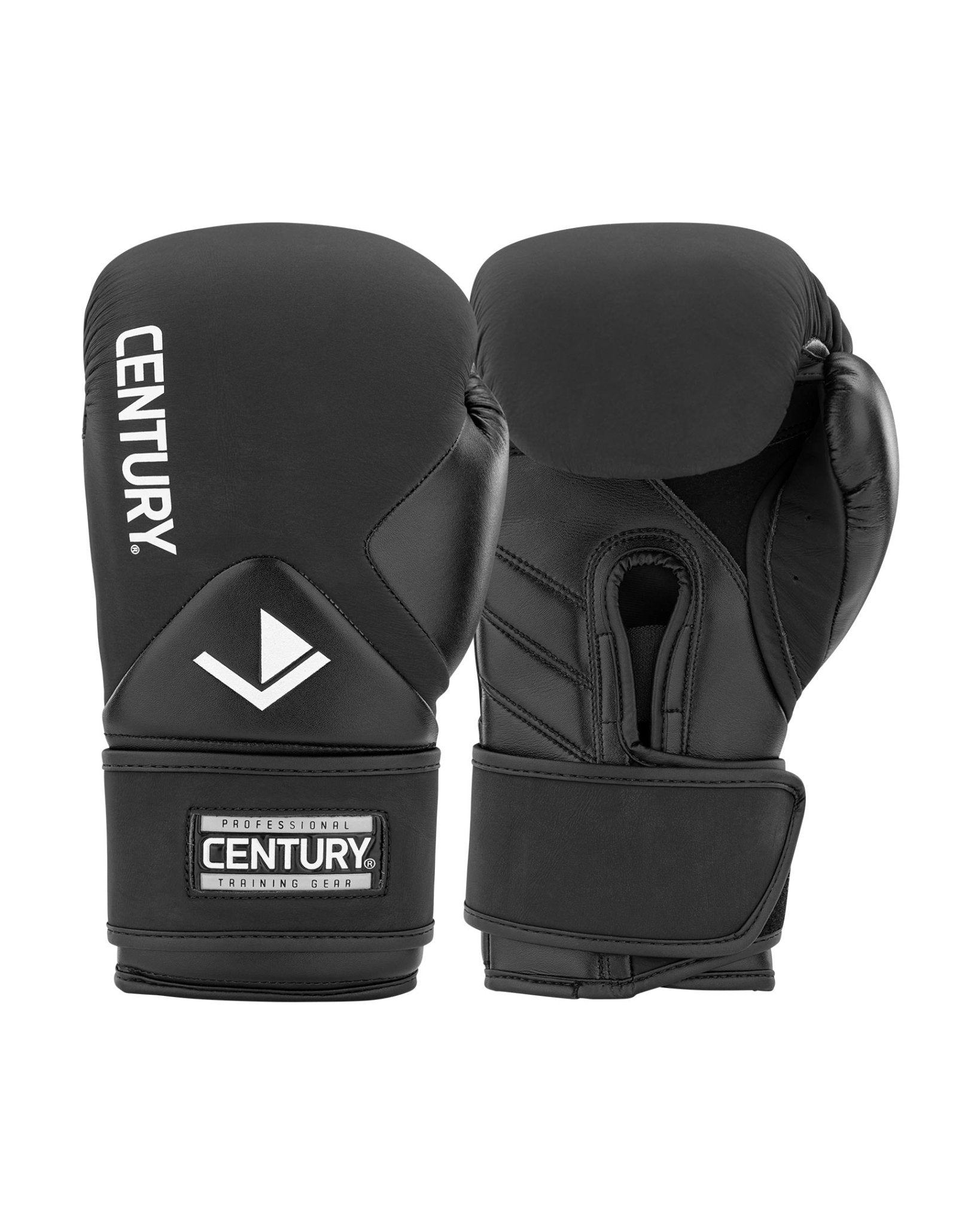 Black boxing gloves facing forward with Century label and hook-and-loop wrist strap