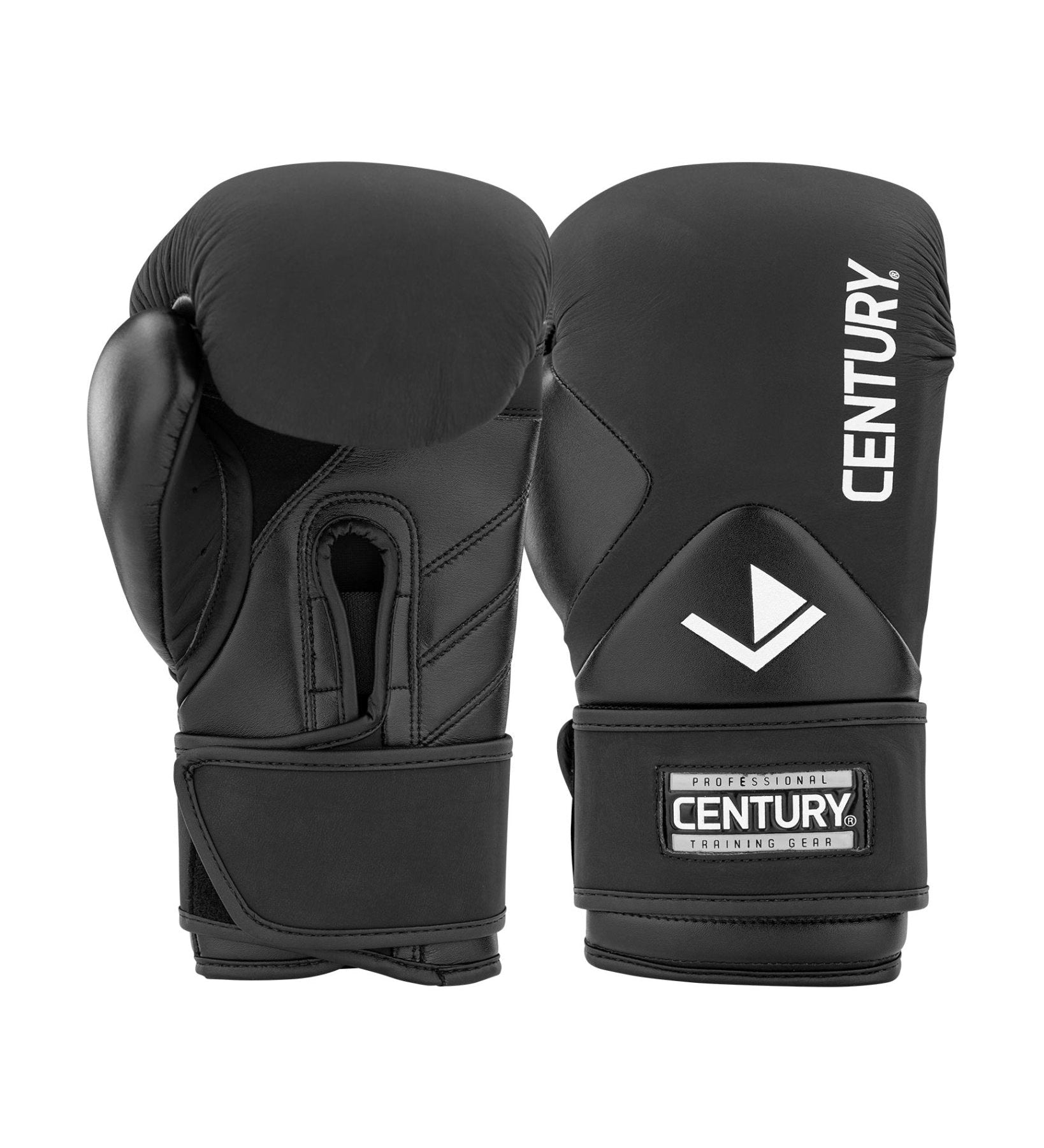 Black boxing gloves showing outer padding, knuckle shield, and Century logo patch