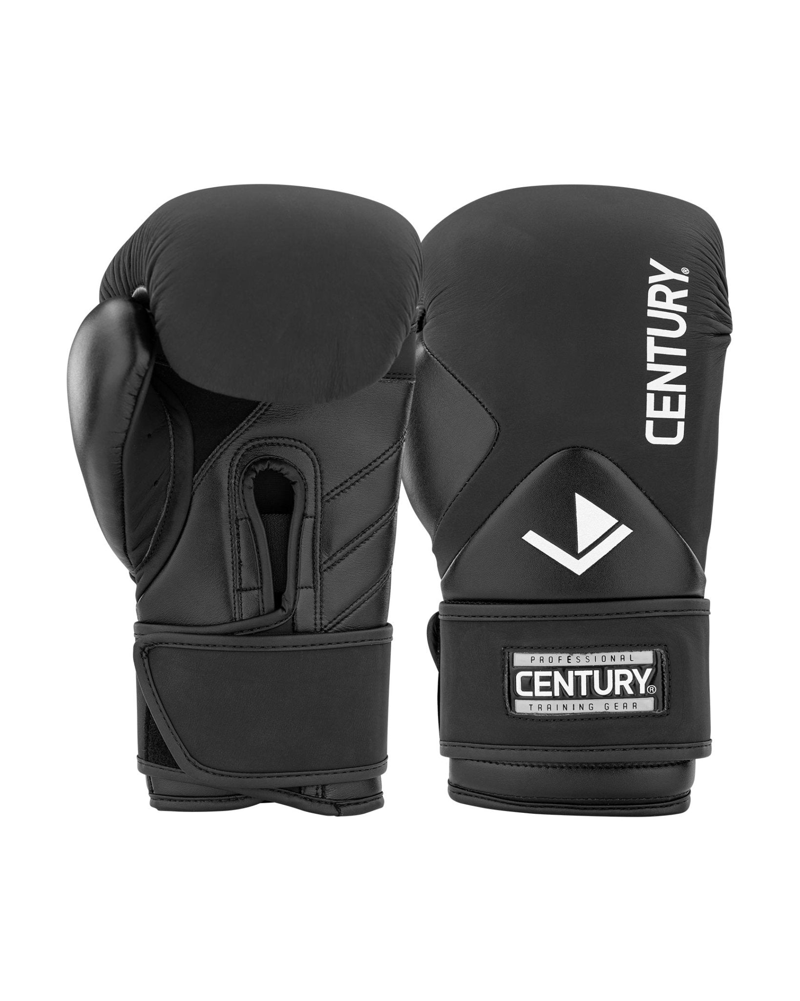 Black boxing gloves showing outer padding, knuckle shield, and Century logo patch