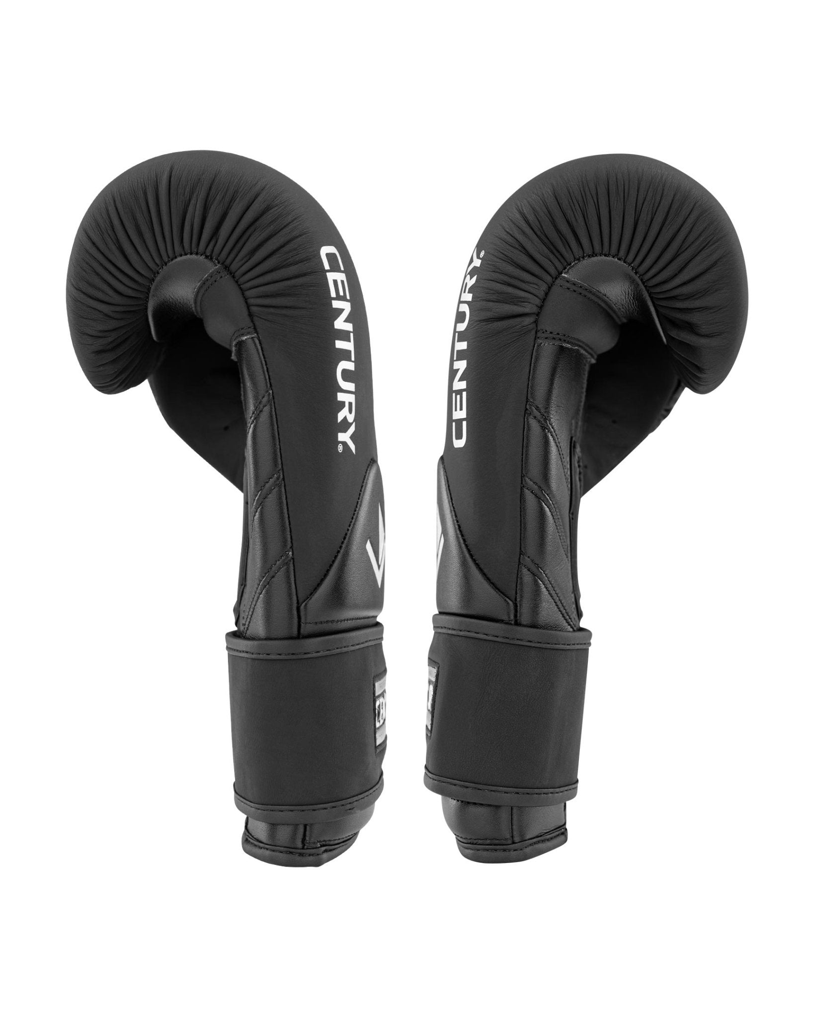 Black boxing gloves side/back view with cushioned fist and wrist cuff padding