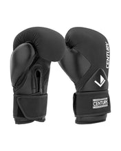 Black boxing gloves with padded knuckle design and wrist strap closure