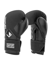 Black boxing gloves back view with Century label and padded thumb area