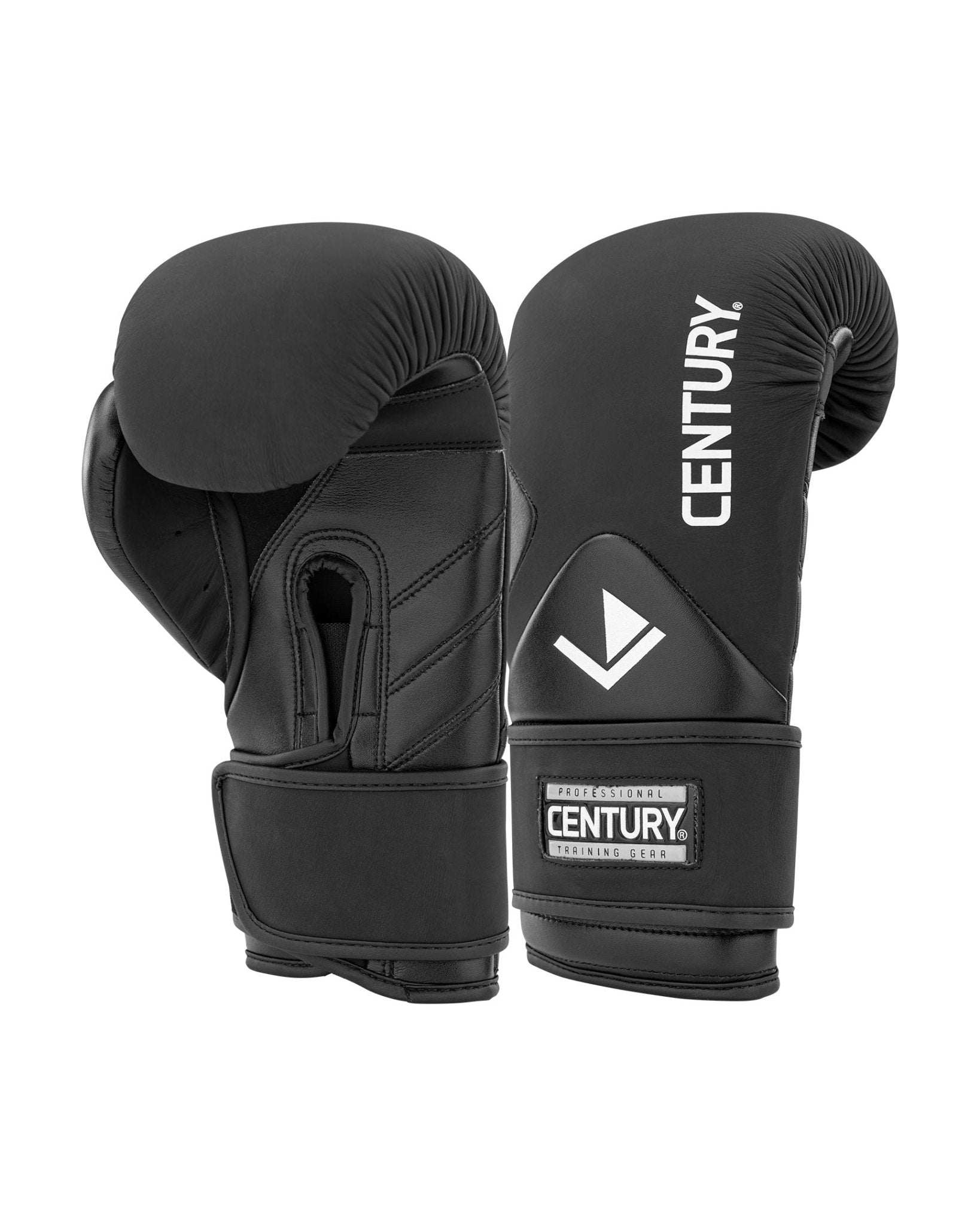 Black boxing gloves with branded wrist strap and cushioned top padding