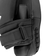 Black catcher's mitt, angled view with wrist strap and padded glove panel