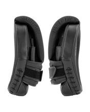 Black catcher's mitt pair, inside view with finger-lace stitching and wrist padding